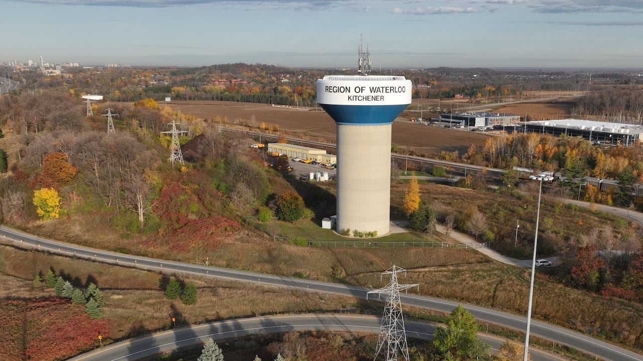 An aerial view of a water tower that sat Region of Waterloo