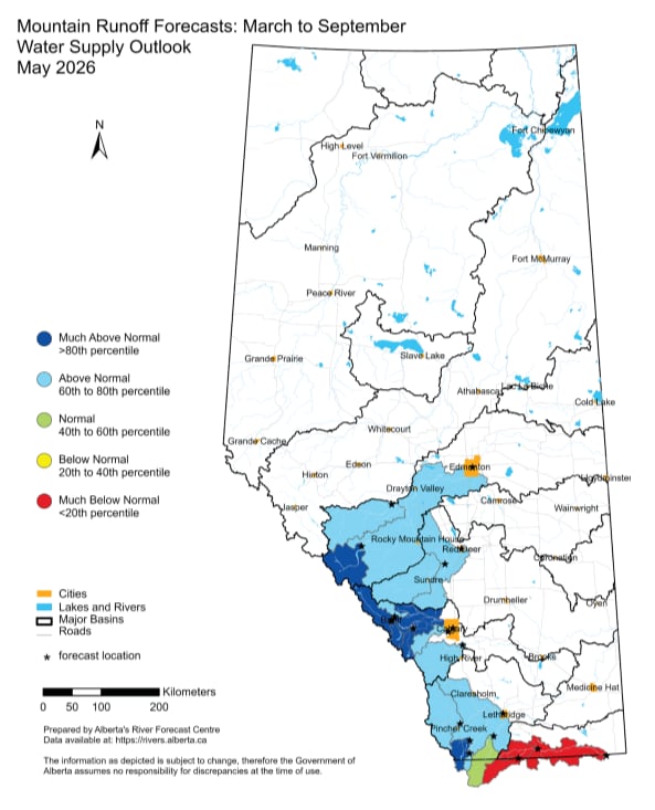 A map of Alberta showing mountain runoff levels with areas highlighted in different shades of blue, red and green.