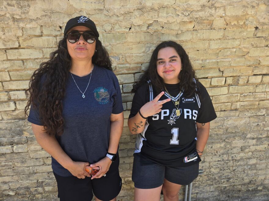 Nancy Pool and Audriy Acosta, both from Odessa, came to San Antonio for Thursday night's Spurs game at the Frost Bank Center
