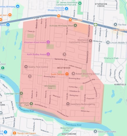 A map of a section of Winnipeg, showing a chunk in the middle shaded in red.