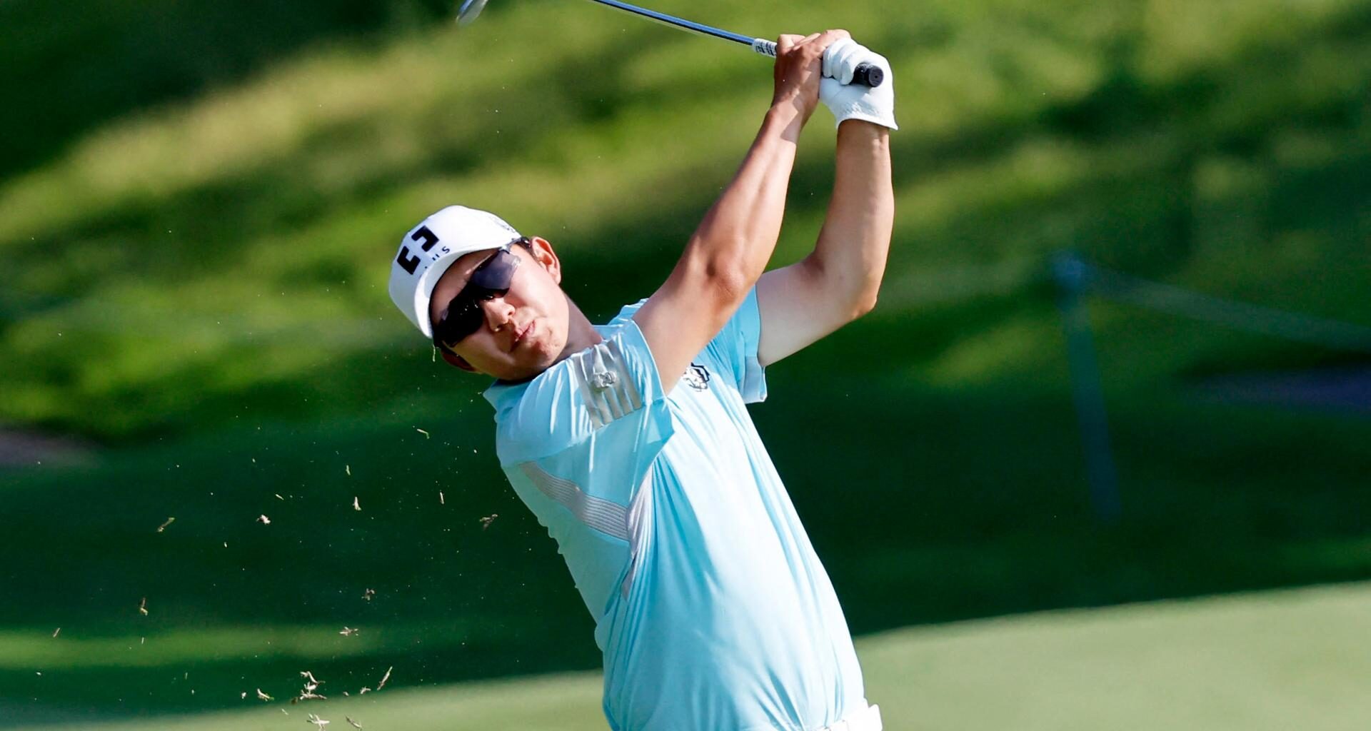 Song Young-han hits a shot during the LIV Golf Korea at Asiad Country Club in Busan, Friday. Reuters-Yonhap