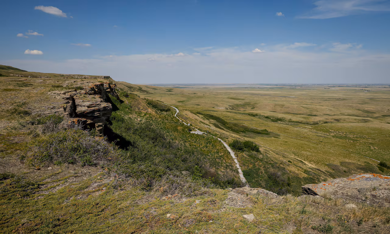 A cliff stands over a wide green field