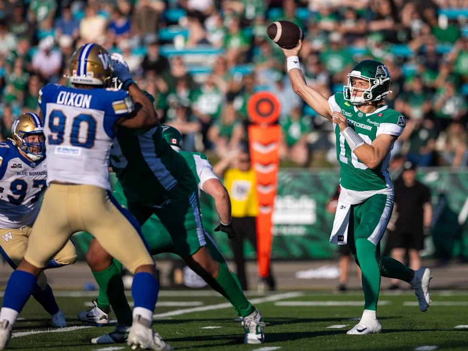 Saskatchewan Roughriders quarterback Brayden Schager (10) throws the football against the Winnipeg Blue Bombers during the second half of CFL preseason football action at Griffiths Stadium in Saskatoon, Sask. on Saturday, May 23, 2026.