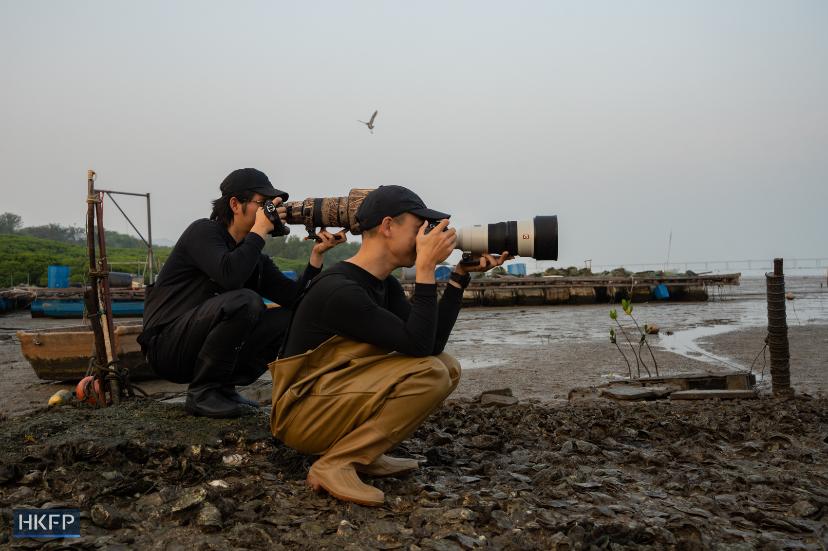 Fung Hon-shing and a friend take photos of migratory birds at a remote shore in Yuen Long on March 25, 2026. Photo: Kyle Lam/HKFP.