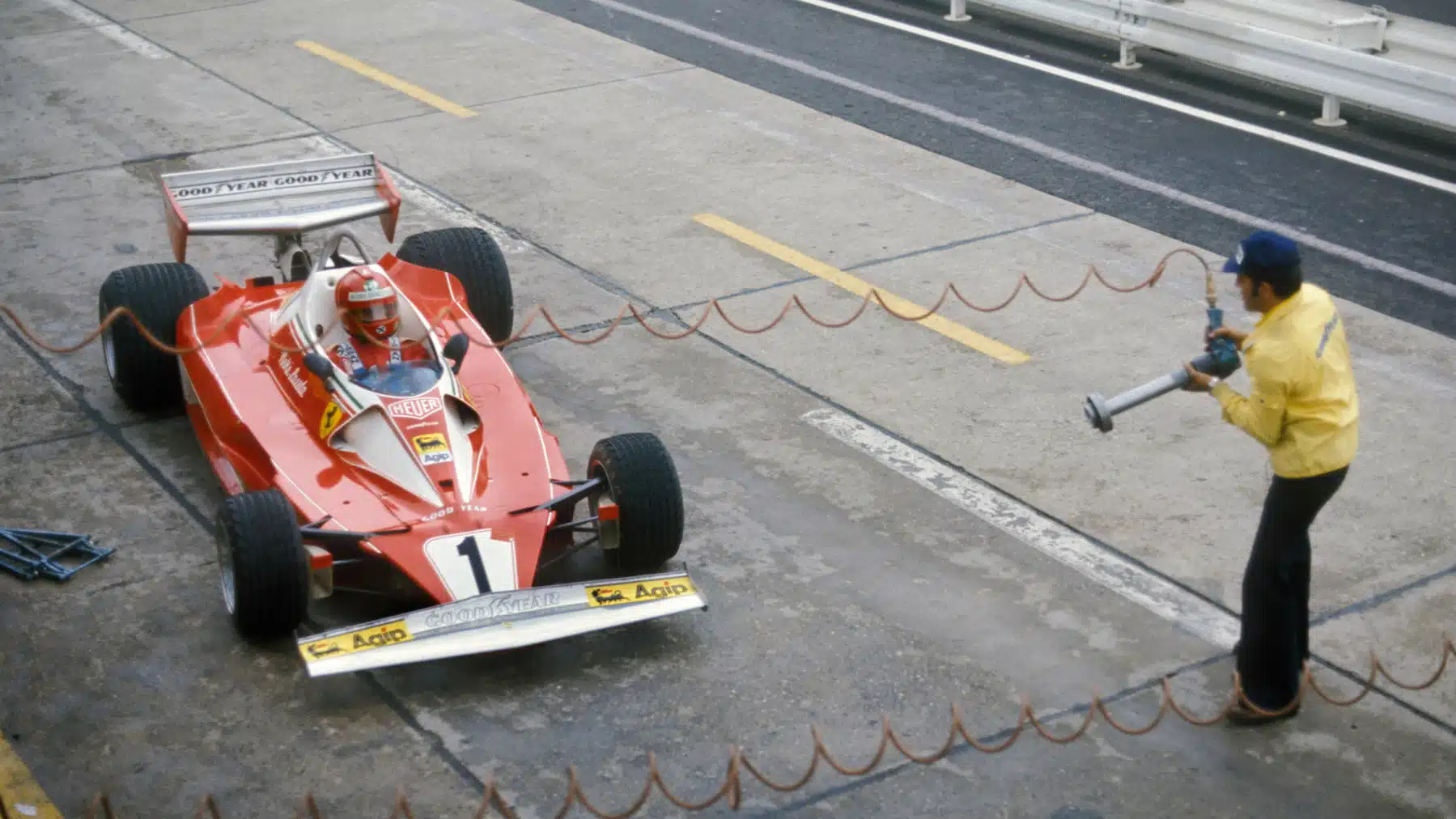 Niki Lauda (Ferrari) enters the pits during the 1976 German Grand Prix at the Nurburgring