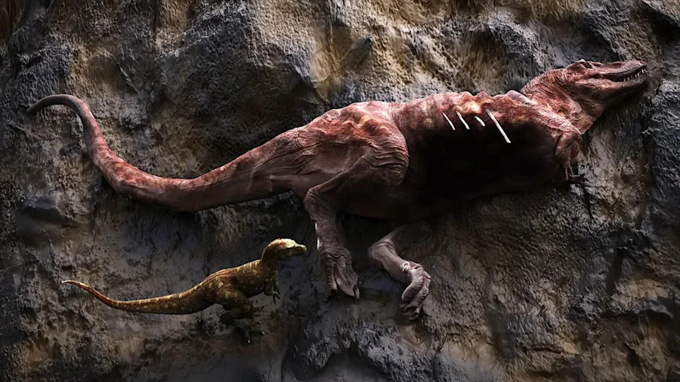 Illustration of a tyrannosaur scavenging the remains of a larger relative (Josephine Nielsen, Aarhus University)