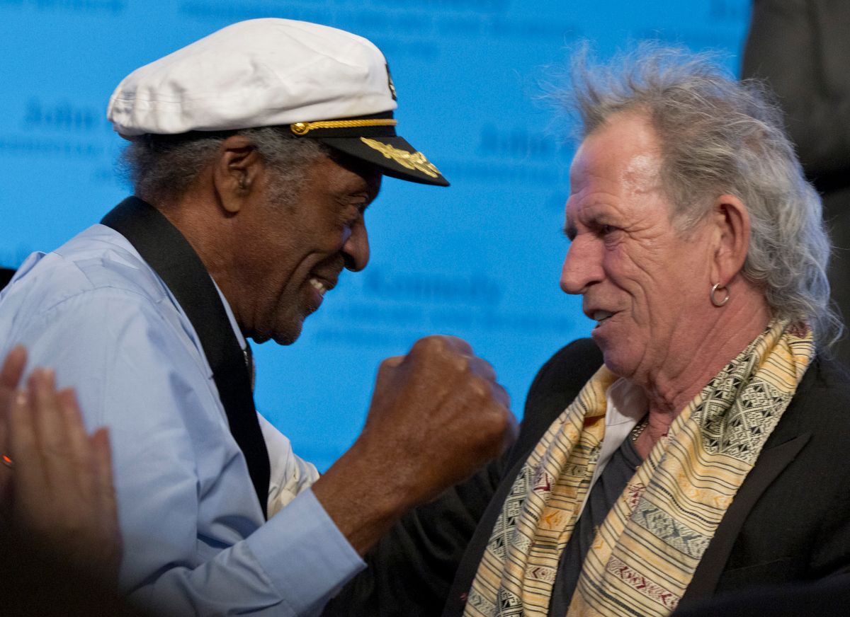 Chuck Berry, left, shares a moment with Keith Richards after Berry received the 2012 PEN New England Awards for Song Lyrics and Literary Excellence at the JFK Library on Feb. 26, 2012