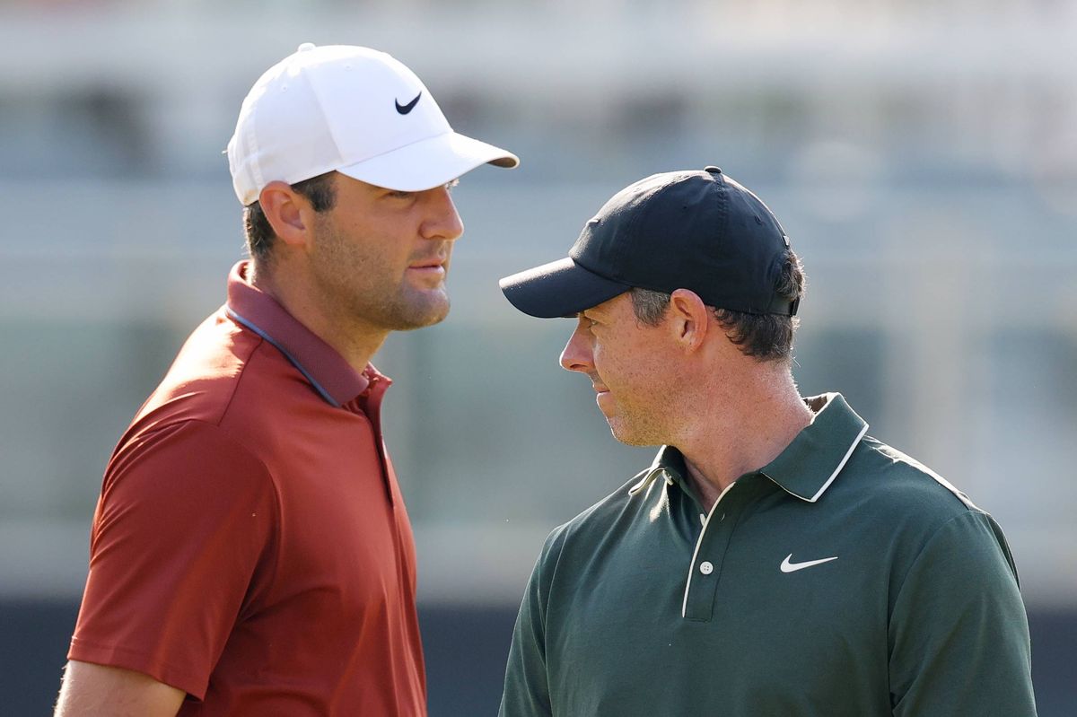CHARLOTTE, NORTH CAROLINA - MAY 15: Scottie Scheffler of the United States and Rory McIlroy of Northern Ireland look on while playing the 10th hole during the first round of the PGA Championship at Quail Hollow Country Club on May 15, 2025 in Charlotte, North Carolina. (Photo by Andrew Redington/Getty Images)