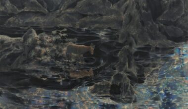 a mixed-media work by Marin Majic of a glimmering pond with a deer looking at its reflection at night
