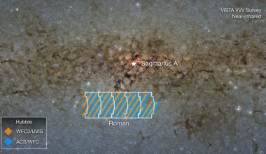 This is a near-infrared image from the ground-based VISTA VVV Survey.  It shows the Milky Way's galactic bulge, with the location of the Nancy Grace Roman Space Telescope's Galactic Bulge Time Domain Survey superimposed over the regions the Hubble surveyed with its instruments. The Hubble's survey was completed in order to give astronomers a leg up in understanding and interpreting the Roman's results. Image Credit: NASA, Alyssa Pagan (STScI); Acknowledgment: VISTA, Dante Minniti (UNAB), Ignacio Toledo (ALMA), Martin Kornmesser (ESO)