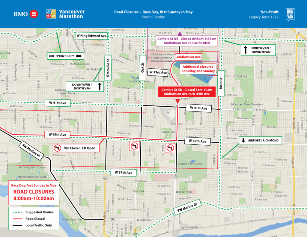 South Cambie/ Oakridge/ Fairview detours and road closures ahead of Sunday’s Vancouver BMO Marathon