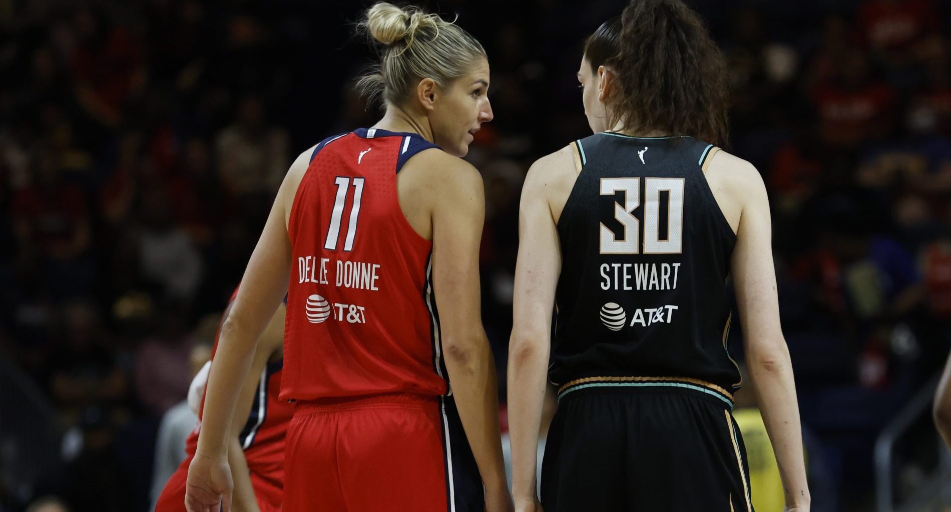 May 19, 2023; Washington, District of Columbia, USA; Washington Mystics forward Elena Delle Donne (11) talks with New York Liberty forward Breanna Stewart (30) prior to the opening tip-off at Entertainment & Sports Arena.