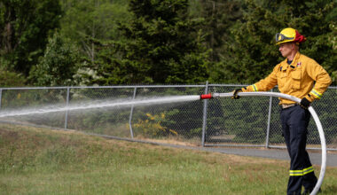 A Nanaimo firefighter participates in a joint wildfire training exercise on May 9, 2026. Photo by Mick Sweetman / The Discourse.