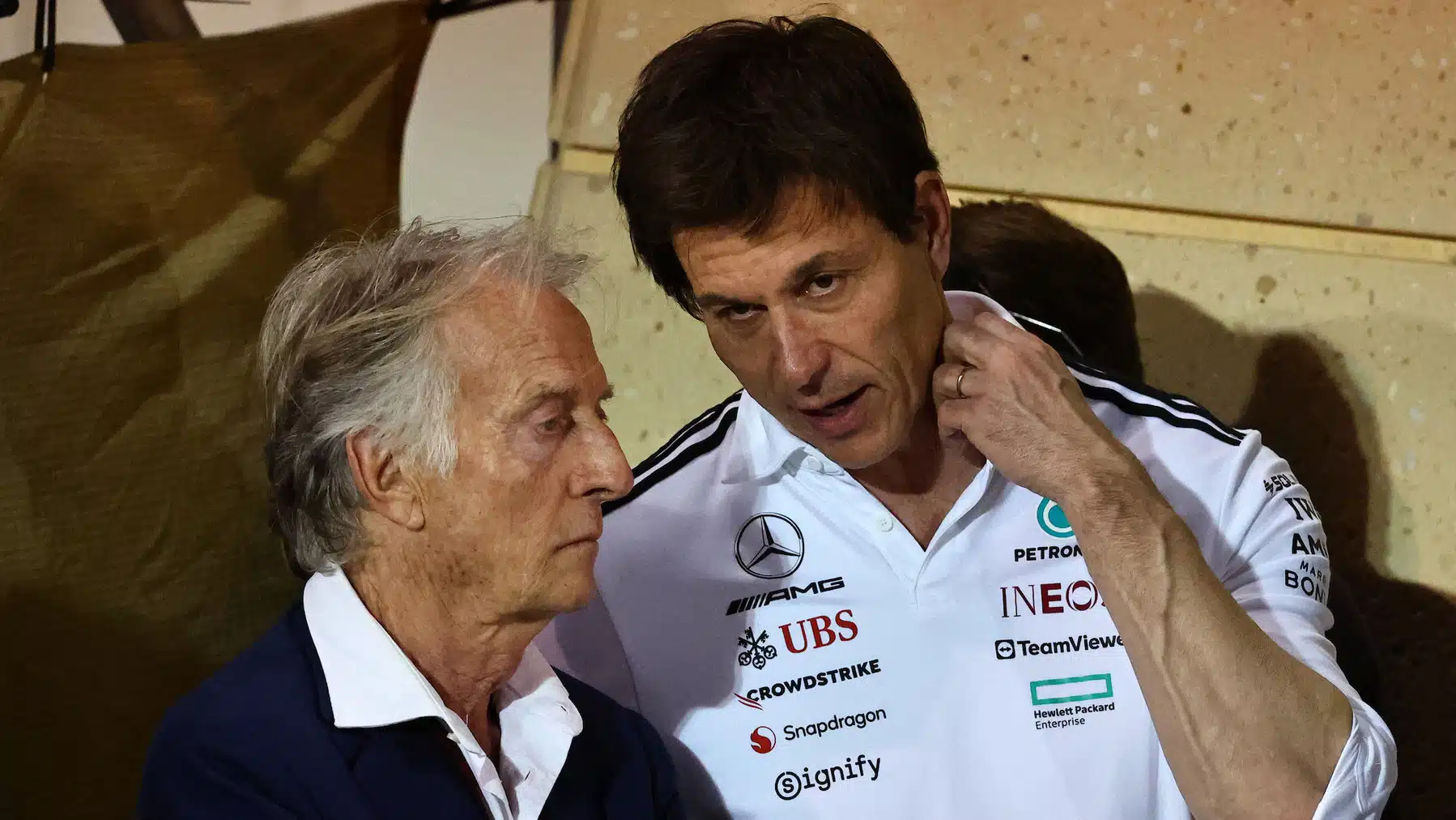 Luca di Montezemolo and Toto Wolff (Mercedes) in parc ferme after the 2025 Bahrain Grand Prix