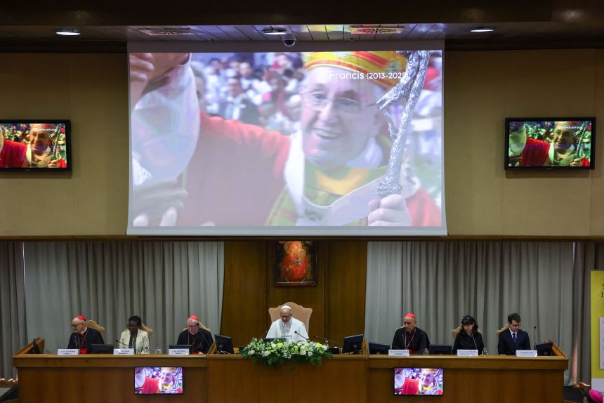 The late Pope Francis is seen during the presentation of Pope Leo's first encyclical. One Vatican official called the text the 