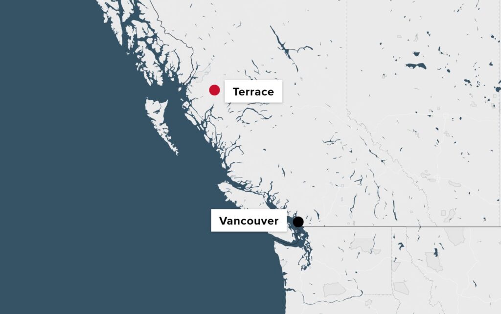 A map showing Terrace, B.C. in relation to Vancouver, B.C.