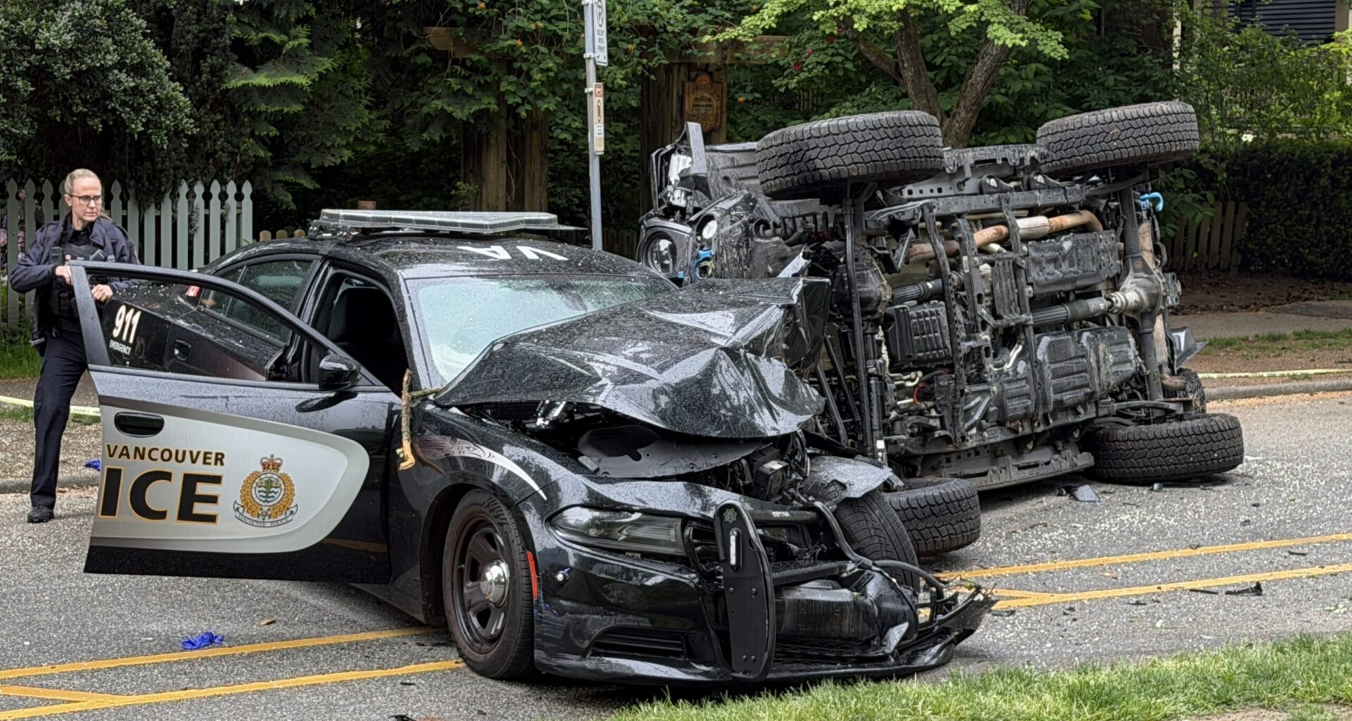 Senior critically injured, 2 officers in hospital after police-involved crash in Vancouver