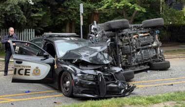 Senior critically injured, 2 officers in hospital after police-involved crash in Vancouver