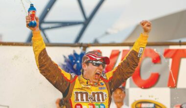 Kyle Busch celebrates after winning the NASCAR Shelby 427 race at the Las Vegas Motor Speedway ...