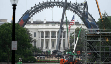 Equipment is seen being placed on the South Lawn of the White House, Tuesday, May 26, 2026, in ...