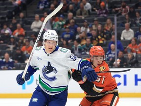 Aatu Raty gets on the forecheck against Ducks defenceman Olen Zellweger on Nov. 5, 2024 at Anaheim, Calif.