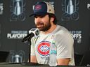 Alex Newhook speaks to the media after his team's 3-2 overtime victory against the Buffalo Sabres in Game 7 May 18 in Buffalo, New York.