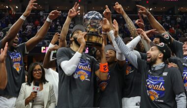 The New York Knicks celebrate with the Bob Cousy Trophy