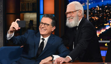 The Late Show with Stephen Colbert and guest David Letterman during Monday’s November 20, 2023 show.