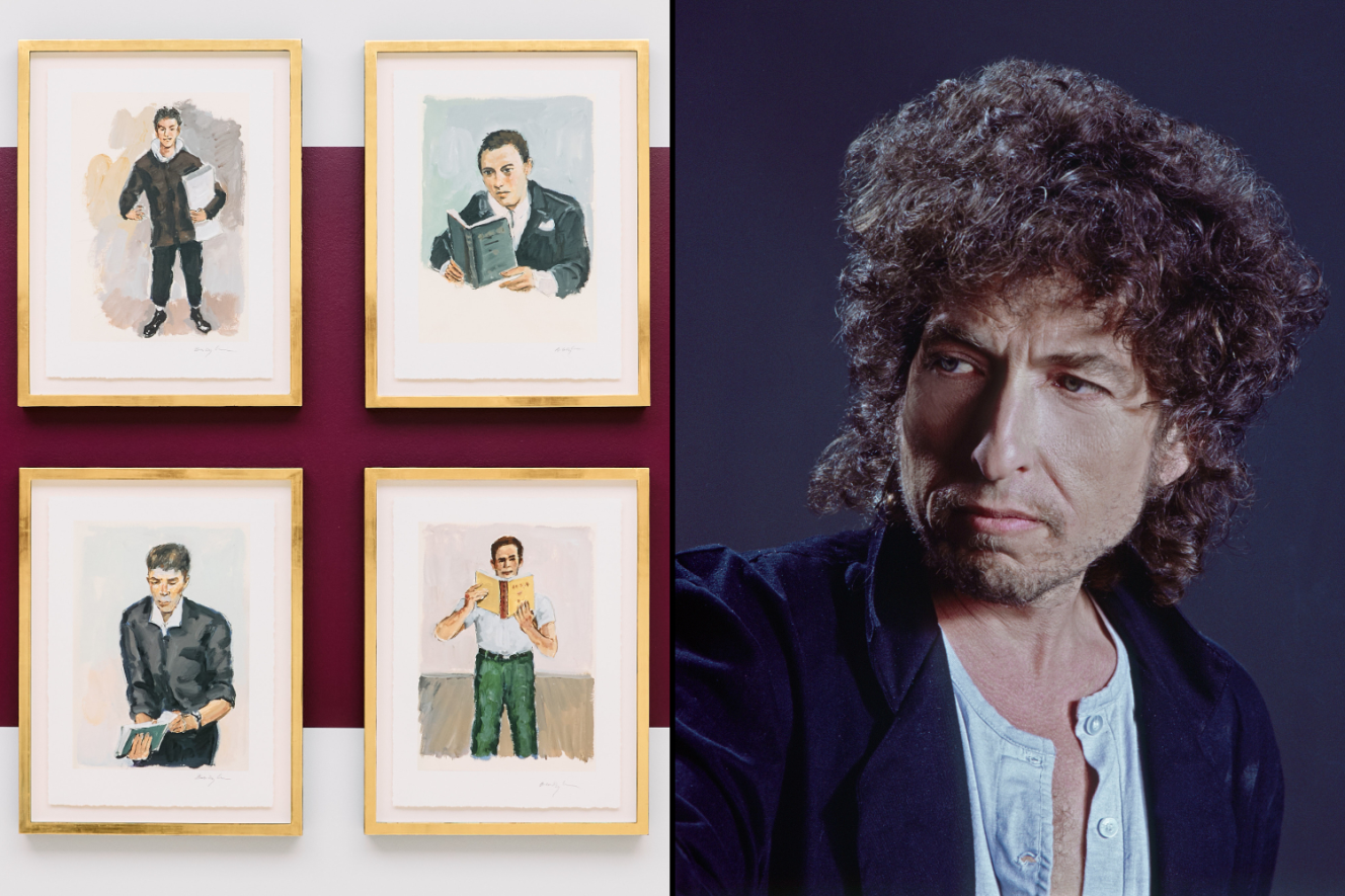 Collage of Bob Dylan's artwork from his solo show Point Blank on the left, and a photo of Bob Dylan on the right.