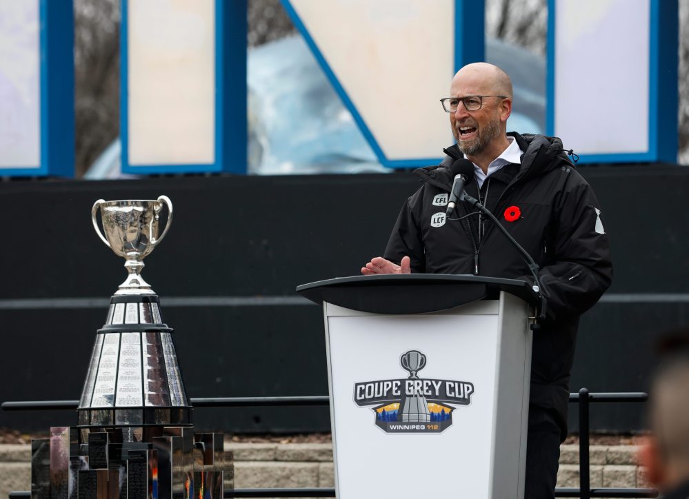 JOHN WOODS / FREE PRESS
Stewart Johnston, CFL Commissioner, speaks during a Grey Cup arrival event at the Forks Sunday, November 9, 2025.
