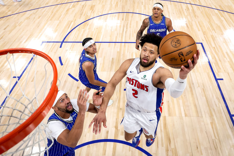 Cade Cunningham of the Detroit Pistons shoots the ball against Jalen Suggs of the Orlando Magic  in game seven of the first round of the NBA playoffs at Little Caesars Arena on May 3, 2026 in Detroit.