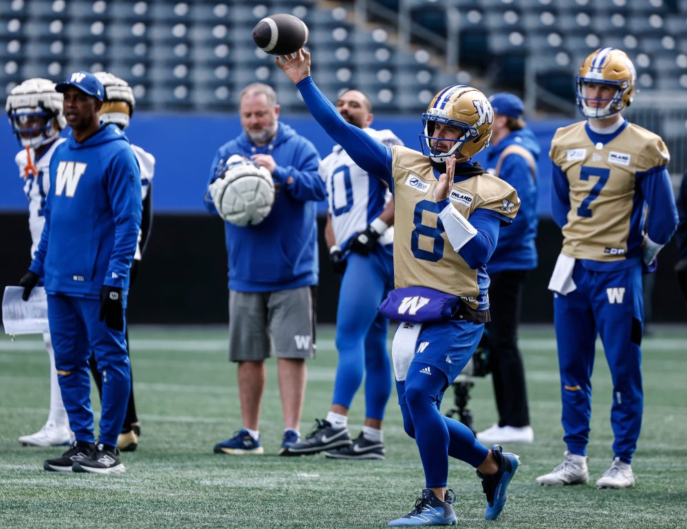 JOHN WOODS / FREE PRESS
Quarterback Zach Collaros (8) looks for a receiver at Blue Bomber training camp Sunday, May 10, 2026.