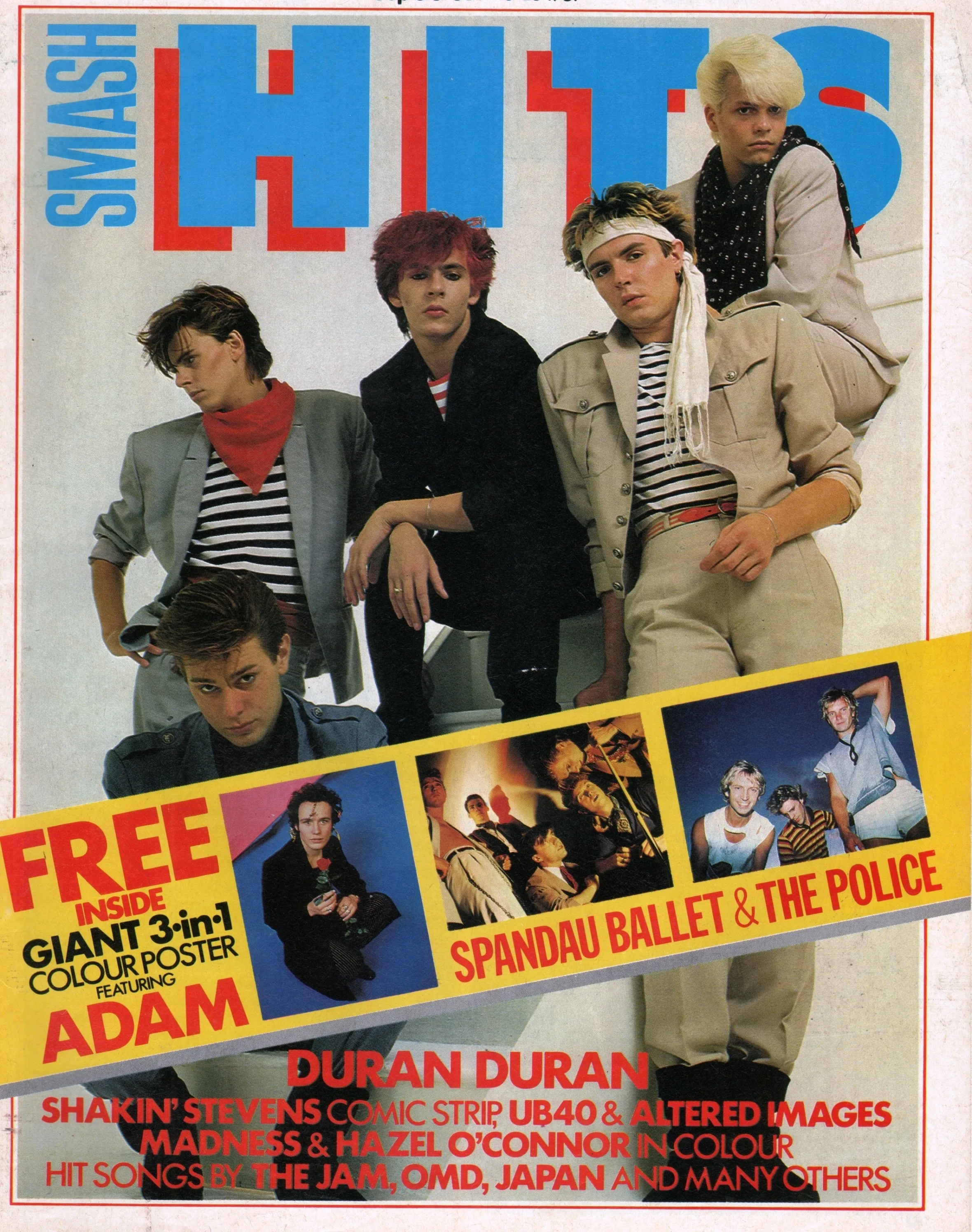 Collage of Duran Duran band members on the cover of Smash Hits magazine, with smaller images of Spandau Ballet, The Police, and Adam Ant.