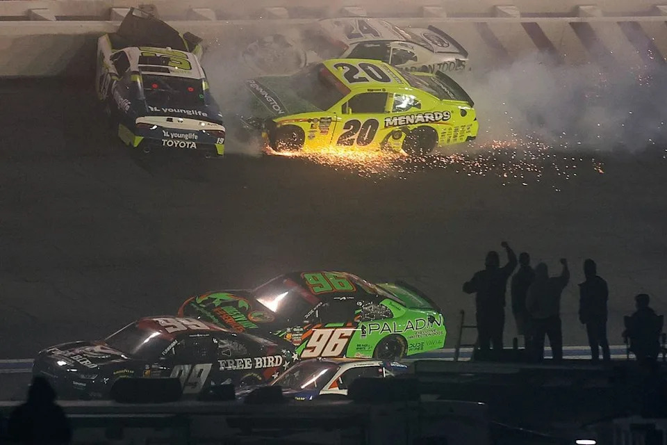 Brent Crews, Brandon Jones, and Harrison Burton wreck