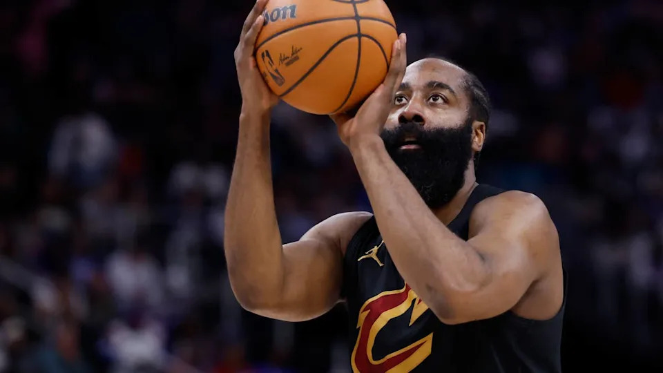 May 7, 2026; Detroit, Michigan, USA; Cleveland Cavaliers guard James Harden (1) shoots in the first half against the Detroit Pistons during game two of the second round of the 2026 NBA Playoffs at Little Caesars Arena. Mandatory Credit: Rick Osentoski-Imagn Images© Rick Osentoski-Imagn Images.