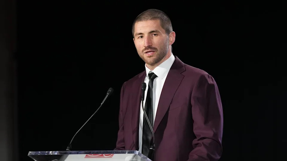 Feb 7, 2024; Las Vegas, NV, USA; NFLPA president JC Tretter speaks at the NFLPA Press Conference at the Mandalay Bay Convention Center prior to Super Bowl LVIII. Mandatory Credit: Kyle Terada-USA TODAY Sports© Kyle Terada-Imagn Images