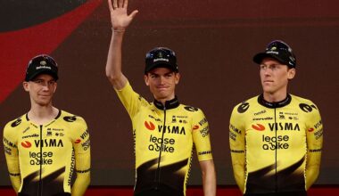 Team Visma Lease a Bike US rider Sepp Kuss waves during the team presentation in Burgas, on May 6, 2026, two days before the departure of the Giro d'Italia 2026