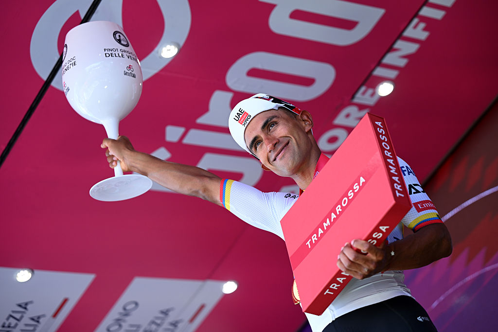 CHIAVARI, ITALY - MAY 20: Jhonatan Narvaez of Ecuador and UAE Team Emirates - XRG celebrates at podium as stage winner during the 109th Giro d&amp;apos;Italia 2026, Stage 11 a 195km stage from Porcari to Chiavari / #UCIWT / on May 20, 2026 in Chiavari, Italy. (Photo by Dario Belingheri/Getty Image)