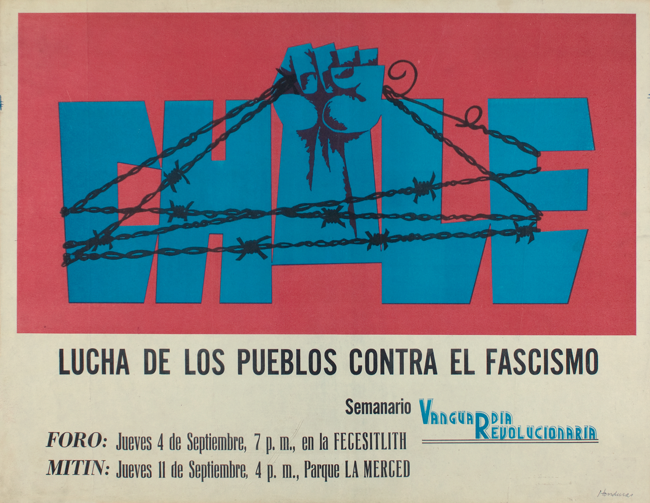 Fist breaking barbed wire over the word "Viva" with text "Lucha de los pueblos contra el fascismo" announcing anti-fascism events