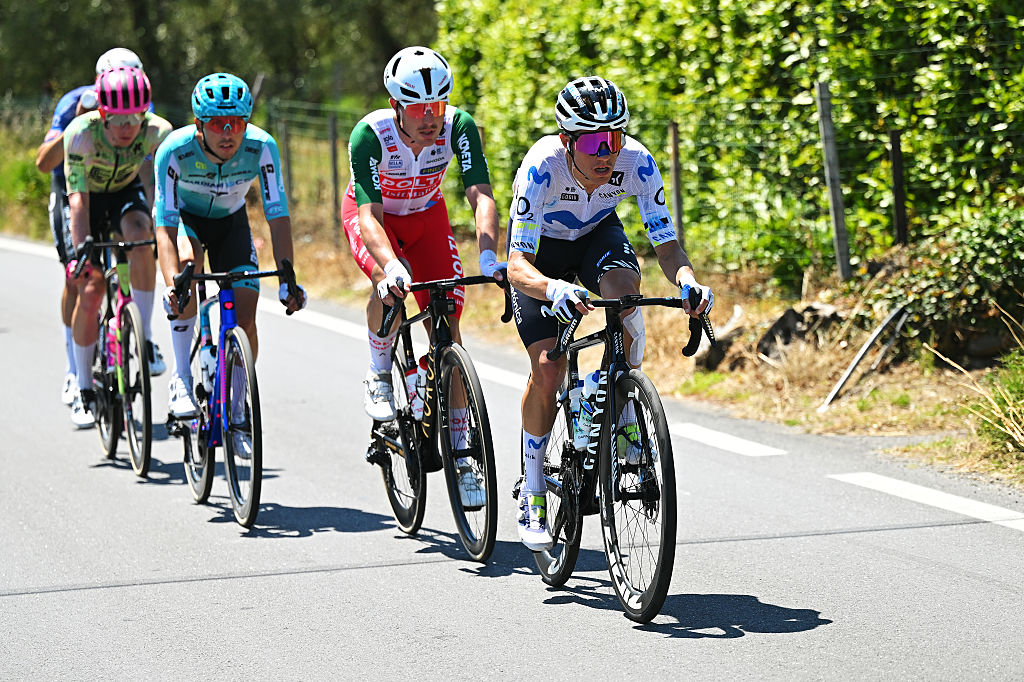 NOVI LIGURE, ITALY - MAY 21: Juan Pedro Lopez of Spain and Team Movistar competes in the breakaway during the 109th Giro d&amp;apos;Italia 2026, Stage 12 a 175km stage from Imperia to Novi Ligure / #UCIWT / on May 21, 2026 in Novi Ligure, Italy. (Photo by Tim de Waele/Getty Images)