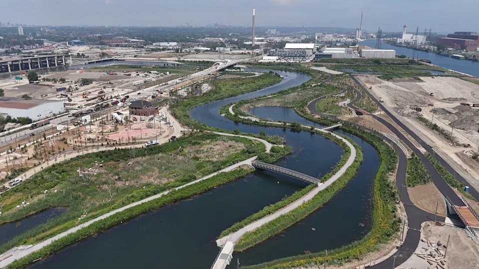 Aerial (Drone) images of workers furiously putting the finishing touches on the New Port Lands Park- Biidaasige Park on Friday, July 11. The park is due to open on July 18, 2025