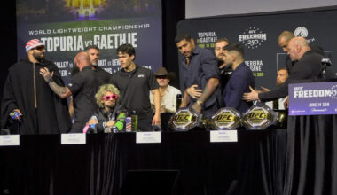 Video: Josh Hokit dragged off stage as Ilia Topuria defends Alex Pereira