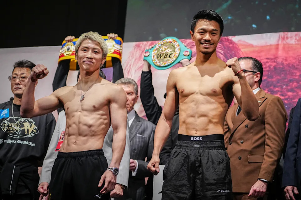 Japanese boxer Naoya Inoue (L) and Junto Nakatani pose for photographs following a weigh-in ahead of their May 2 boxing match in Tokyo on May 1, 2026. (Photo by Yuichi YAMAZAKI / AFP via Getty Images)