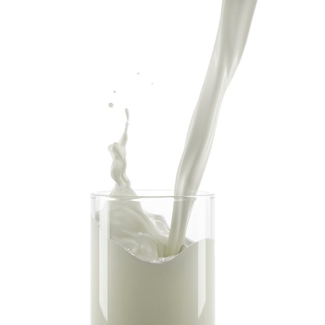 Pouring milk into a glass with splash, illustration milk pouring into a glass with little splash. close up side view. on white background.