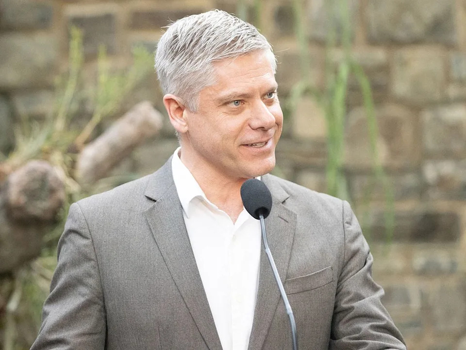 Chris Dinsdale, president and CEO of the Calgary Airport Authority, speaks to media on Jan. 19, 2026.