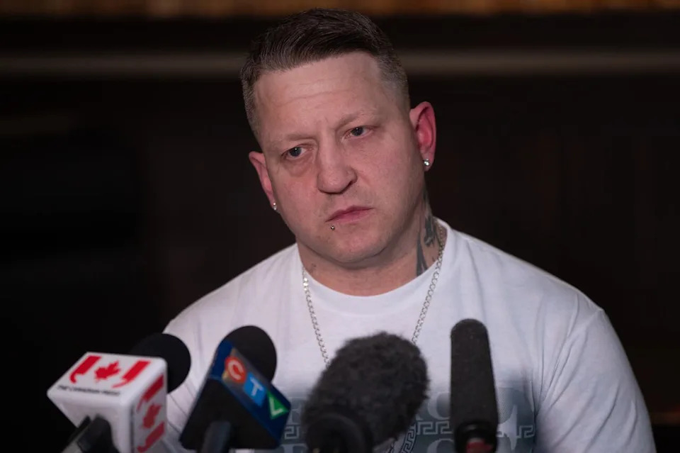 A 2024 photo of Wesley Grist speaking about his son Kache Grist who died after an attack by two large dogs in Edmonton.