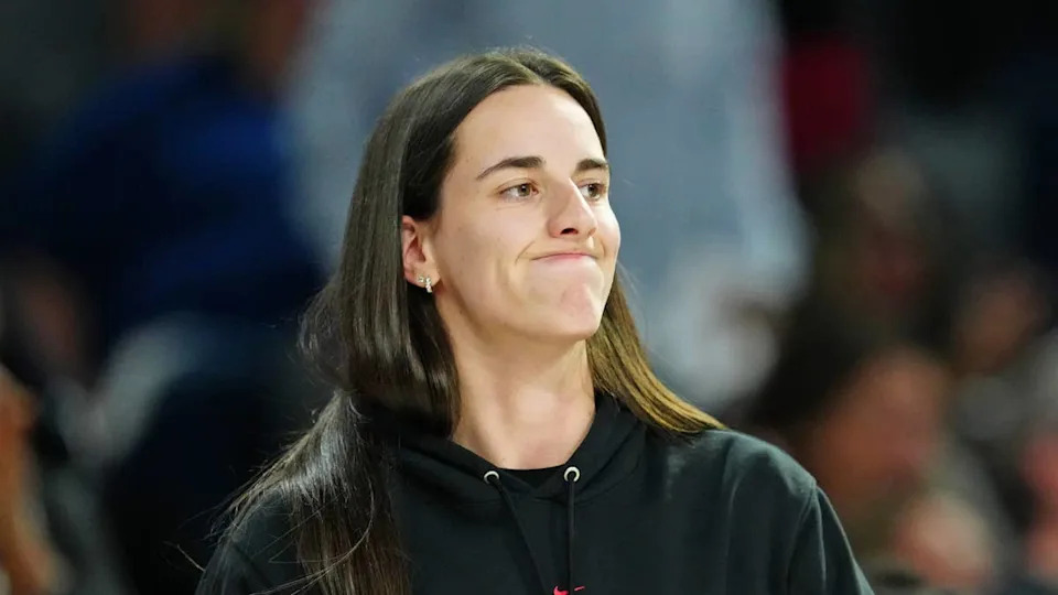 Sep 30, 2025; Las Vegas, Nevada, USA; Indiana Fever guard Caitlin Clark (22) reacts from the bench after a play made by the <a class="link " href="https://sports.yahoo.com/wnba/teams/las-vegas/" data-i13n="sec:content-canvas;subsec:anchor_text;elm:context_link" data-ylk="slk:Las Vegas Aces;sec:content-canvas;subsec:anchor_text;elm:context_link;itc:0" data-yga="{"yLinkElement":"context_link","yModuleName":"content-canvas","yLinkText":"Las Vegas Aces","ySubModuleName":"anchor_text","yHasCommerce":false}">Las Vegas Aces</a> during the fourth quarter of game five of the second round for the 2025 WNBA Playoffs at Michelob Ultra Arena. Mandatory Credit: Stephen R. Sylvanie-Imagn Images© Stephen R&period; Sylvanie-Imagn Images