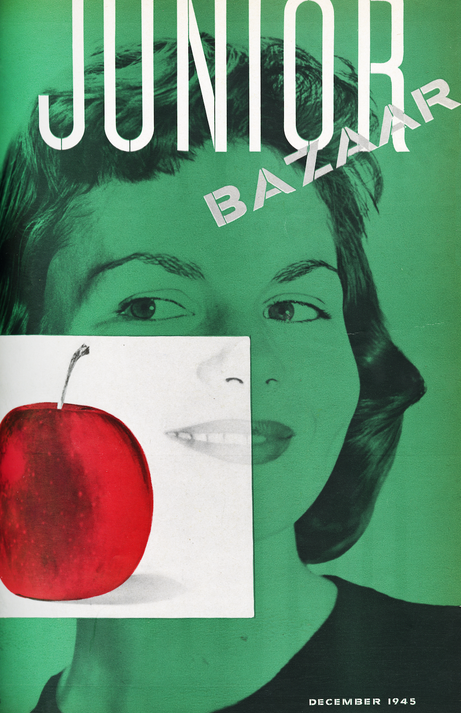 Cover of a junior magazine from December 1945 featuring a woman's profile and an apple.