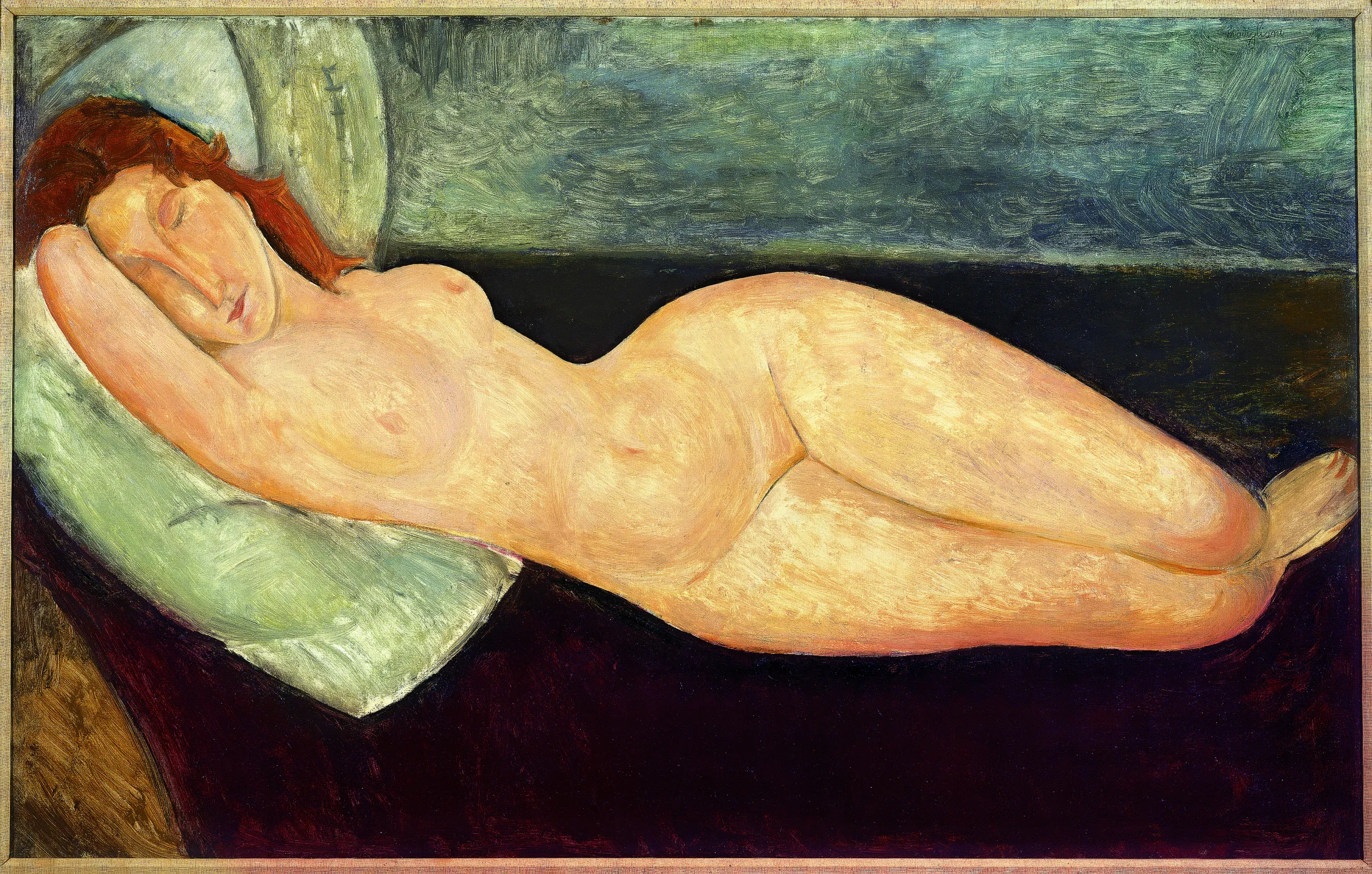 Illustration of Amedeo Modigliani's "Nu couché" (Reclining Nude), showing a woman with red hair lying on a dark surface, resting her head on a light green pillow.