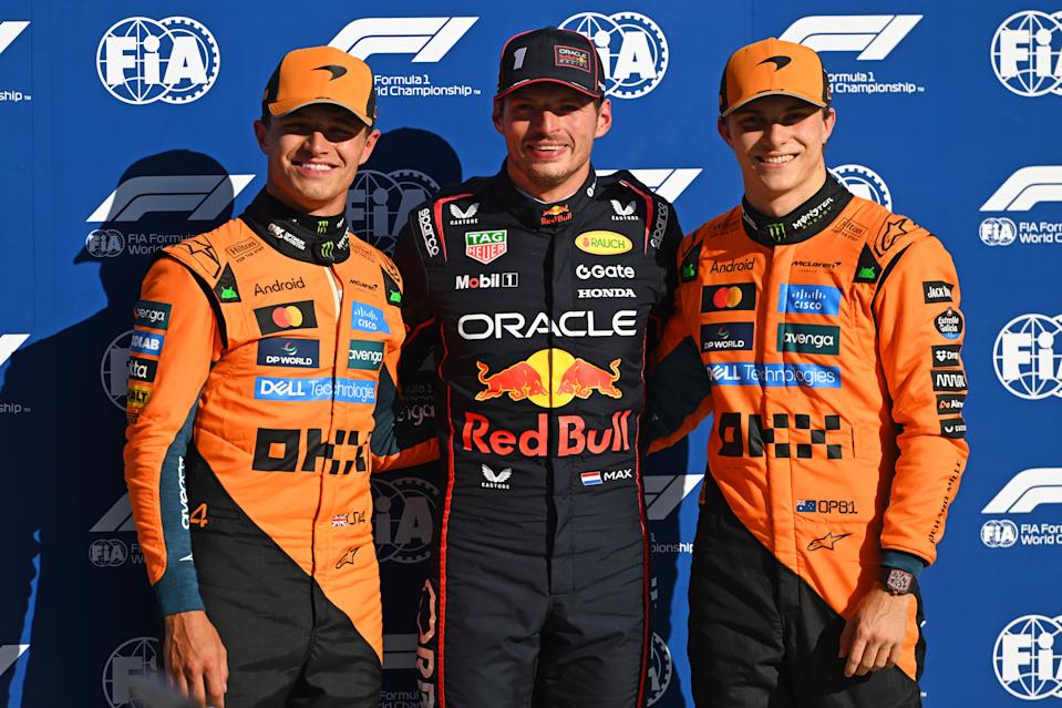 Max Verstappen, Lando Norris, and Oscar Piastri after the qualifier for the 2025 F1 Grand Prix of Italy.